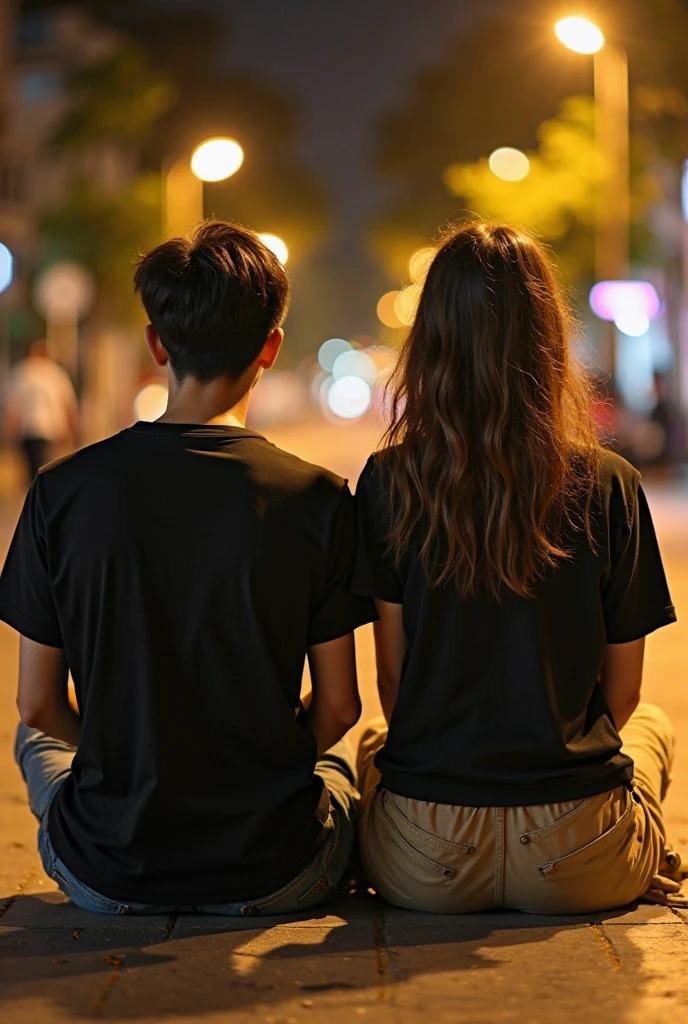 A photo of a young couple wearing black and white t-shirts and facing away from the camera., In town