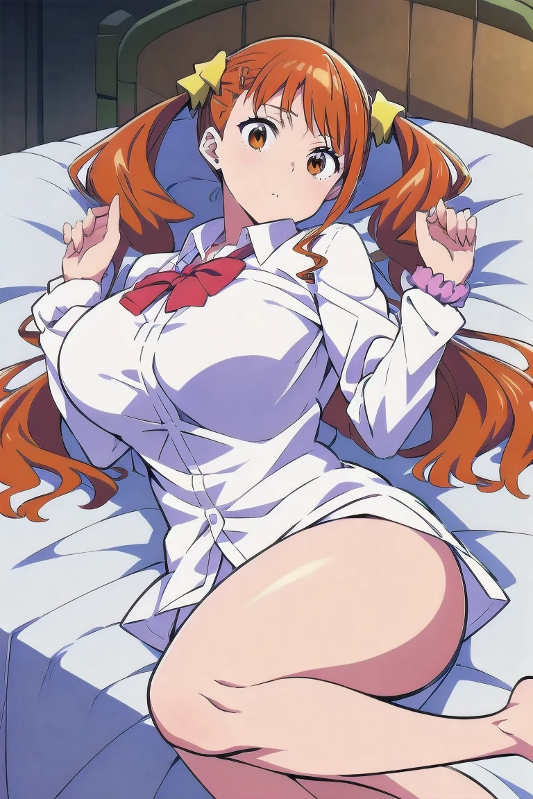 (Perfect body),Highest quality,(8K Portrait),(Official Art)、(((Browsing Caution)))、((:d))、(((blush))),(((Huge breasts、Big nipples)))、((Big Ass))、((Orange Hair),((Long Hair))、((Straight Hair、Asymmetrical bangs))、((Blue colored eyes))、(((Thick thighs)))、((White sleeveless shirt、Blue tie))、(((Blue weat、vapor)))、(Hands behind head、Underarm)、(((low length)))、(((Spreading her legs、Lying in bed)))、Cowboy Shot、In town