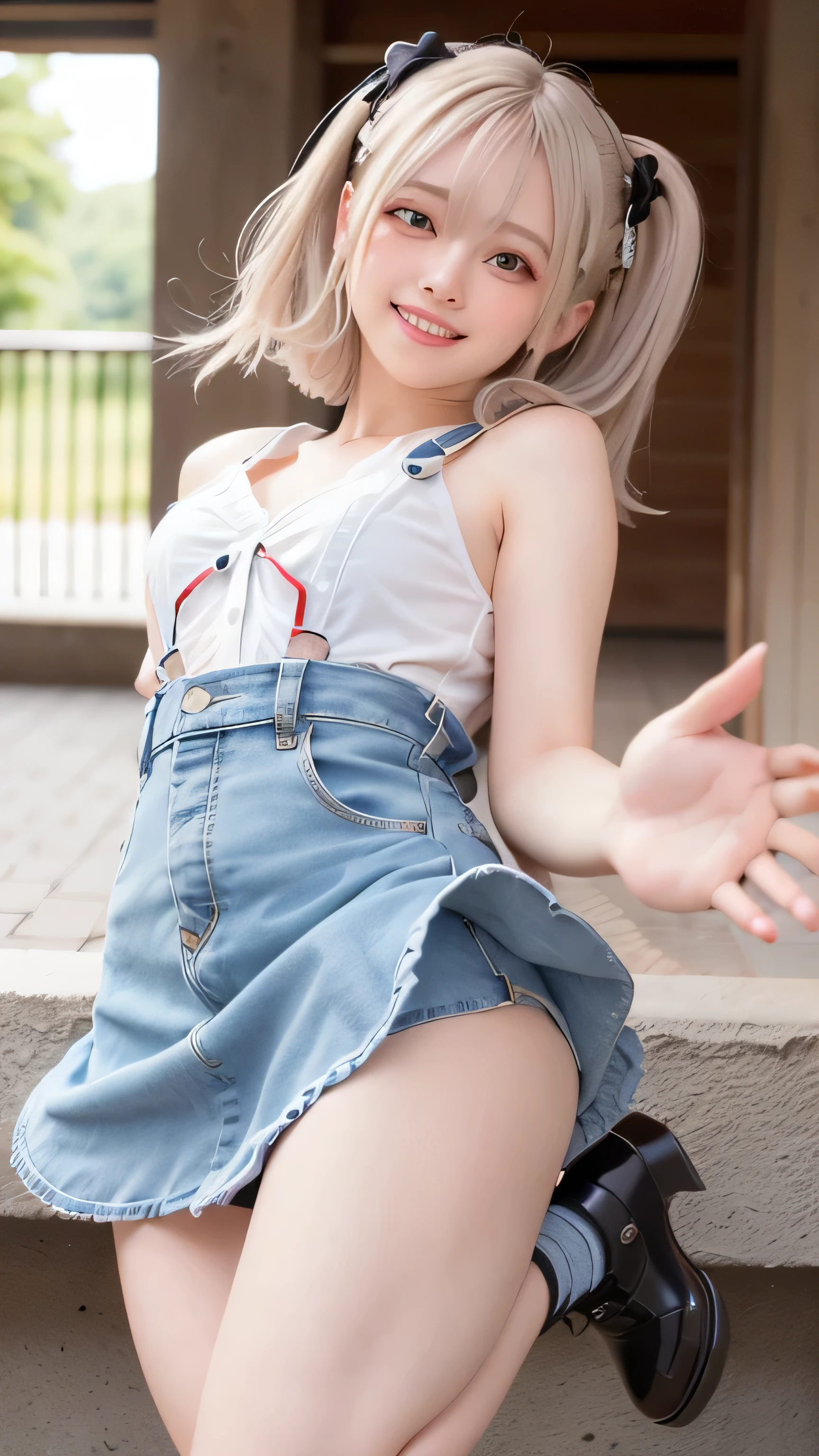 masterpiece, best quality, ((female teen)), (((turn over the skirt))),(cinematic proof),clear face, cute teenage girls,perfect anatomy, happy smile,winkking,open legs,silver short hair,blue eyes, realistic face, realistic,dynamic angle, (1girl), solo focus, small breast, ((lolita)),photoreal,hug,looking at viewer,sitting in the park,from below,((outdoor)),14yo, open legs, wet panties