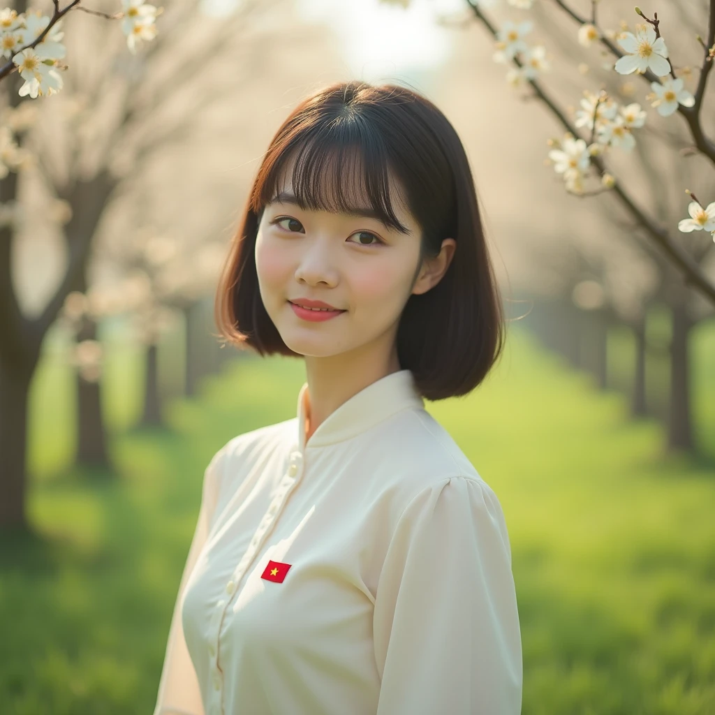 Portrait of a Vietnamese woman with short hair close to her shoulder, straight bangs close to eyebrows, round chubby face, wearing a white long dress with a picture of a small Vietnamese flag on the left breast. Portrait of girl standing among blossoming forest. Color cinematography, radiant.