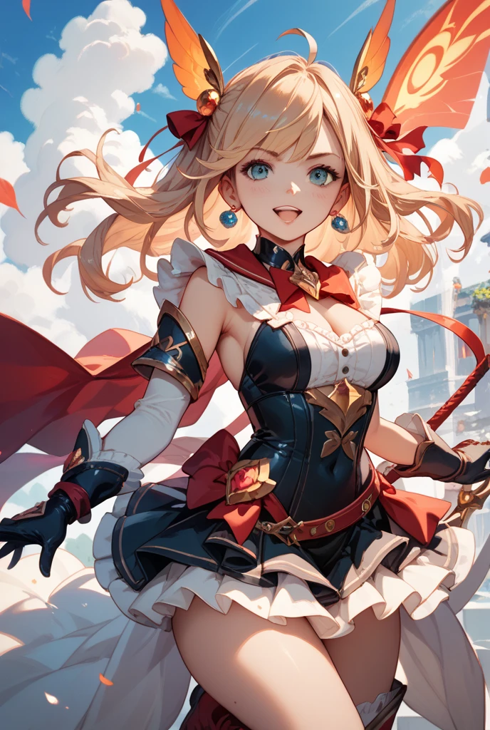 (best quality), (ultra-detailed), (lovely), ((sexy)), ((extremely detailed)), illustration, dynamic angle, green meadow, beautiful sky, 1girl, solo, ((beautiful eyes)), light smile, finger to mouth, ((one eye closed)),
<lora:granblue_zeta:1> zetadef, braid, hair intakes, twintails, hairband, red armor, shoulder armor, skirt, thighhighs, gauntlets, belt, midriff, cleavage, nice hands, perfect hands, <lyco:GoodHands-beta2:1>