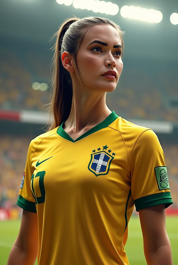 Mulher bonita, rosto perfeito,com camisa do Brasil perfeita, with a cell phone in hand, beautiful perfect hand, medium ?????????????, Perfect and beautiful lips, cabelo perfeito, cabelo marron e preto, olhos perfeito, sombrancelha perfeita,16K