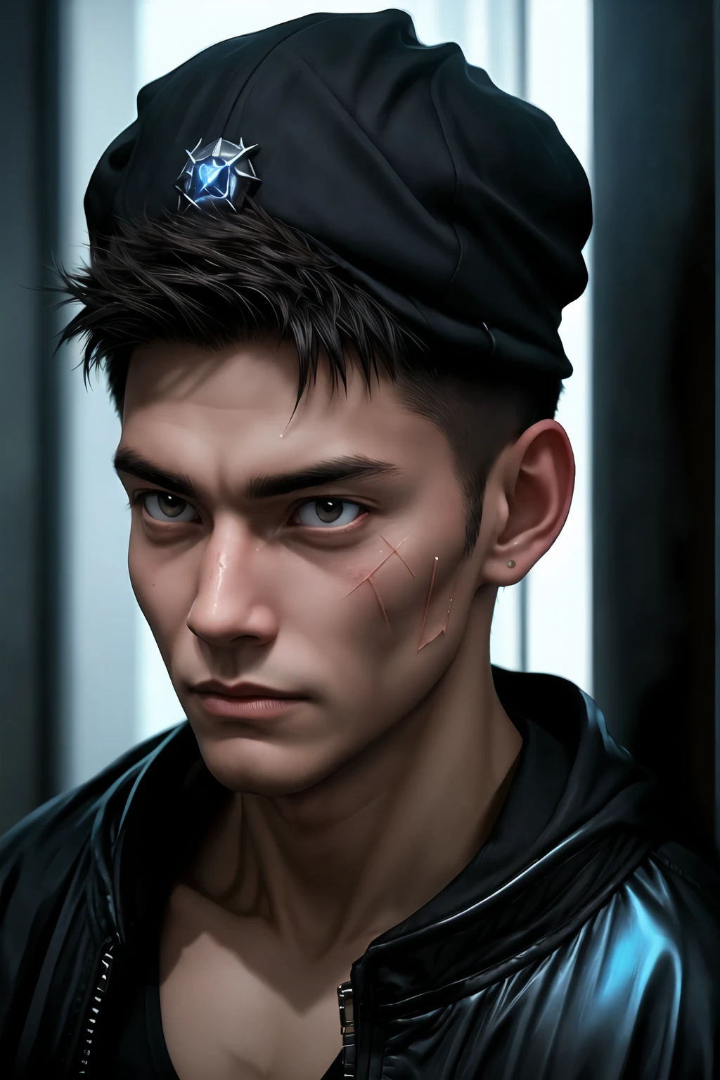 Noblapz Without Mask — Official Look and a Boy 

Rosto: Beautiful on the level “protagonist of Resident Evil mixed with an angel exiled from the deep web”. marked jaw, nariz reto, perfect skin with a mysterious air.

Cabelos: Brancos, with that slightly messy stylish cut, kind of strategic — like someone who woke up effortlessly handsome.

Olhos: Angelic blues, sparkles as if they had their own light. When he faces, even antivirus locks.

 Expression: Firme, intense and enigmatic — as if hiding a thousand secrets and memories of interdimensional battles.

Pele: Clear with a slight metallic sheen in certain lights, as if it had been touched by heavenly energy.

Roupa: Continue with the black look with neon purple details, Tactical, futurista, looking like a digital punisher. She didn't let go of the drip — she just dropped the mask.

Height and physique: 1,85m, body defined lightly — agile survivor style, not bodybuilder.

 Striking detail : A thin scar in the shape of a digital “glitch” that crosses the corner of the right eyebrow — charm and history in one line.

With RoxoUltra HD cap and eyes, high quality, Best Quality, high resolution, 