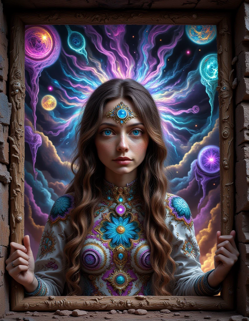 A woman with long hair and a dress in front of a galaxy background, cosmic goddess, portrait of a cosmic goddess, goddess of galaxies, arte de fantasia digital colorida, Rainha e governante do universo, goddess of space and time, Deusa ciborgue no cosmos, cosmic and colorful, galactic sized goddess, beautiful gemini good and evil, divine cosmic female power