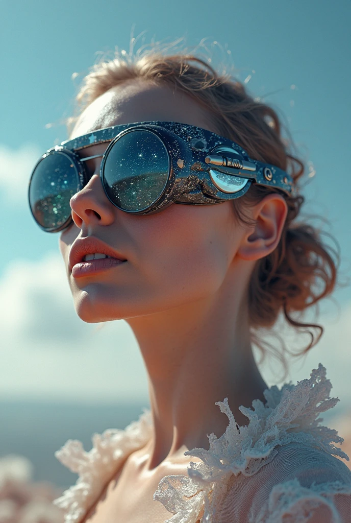 The model is wearing glass sunglasses with stars and the moon on the glass