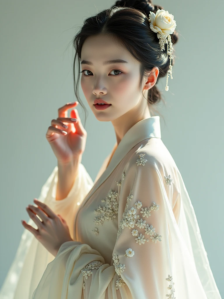 an oriental beauty， Goose Face，She Looks Slim，Hanfu，hands raised，realistic photo。