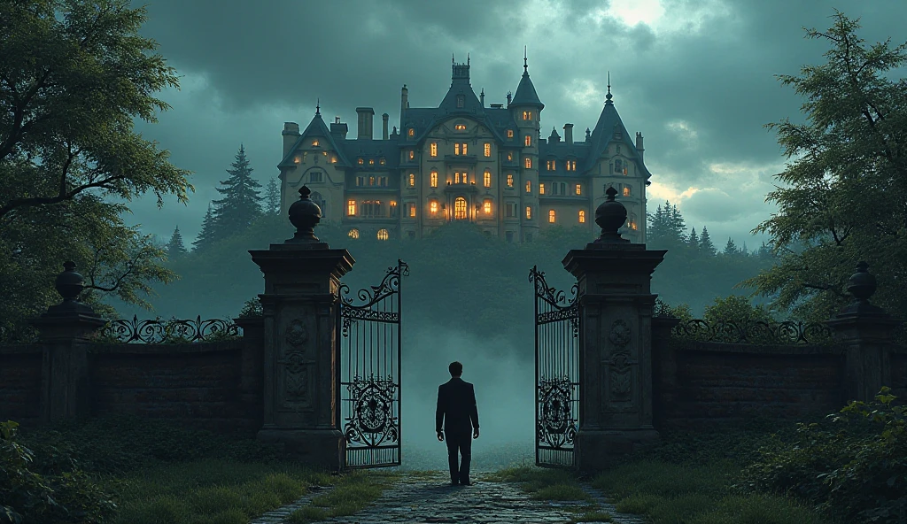 A grand, sprawling mansion on a hill, surrounded by lush greenery and tall iron gates, with a stormy sky in the background. The mansion's windows are lit with a soft, golden glow, and a figure stands in front of the gates, looking up at the house with determination. The mood is tense, mysterious, and filled with anticipation.