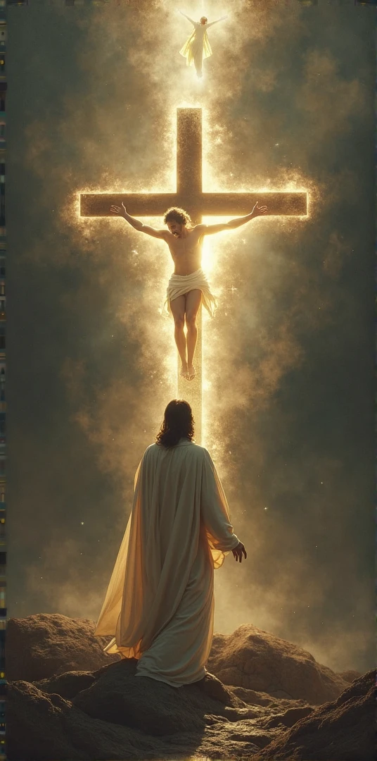 A small child in simple clothes standing before a cross with the figure of Jesus, bathed in warm light that highlights the innocence of the moment.