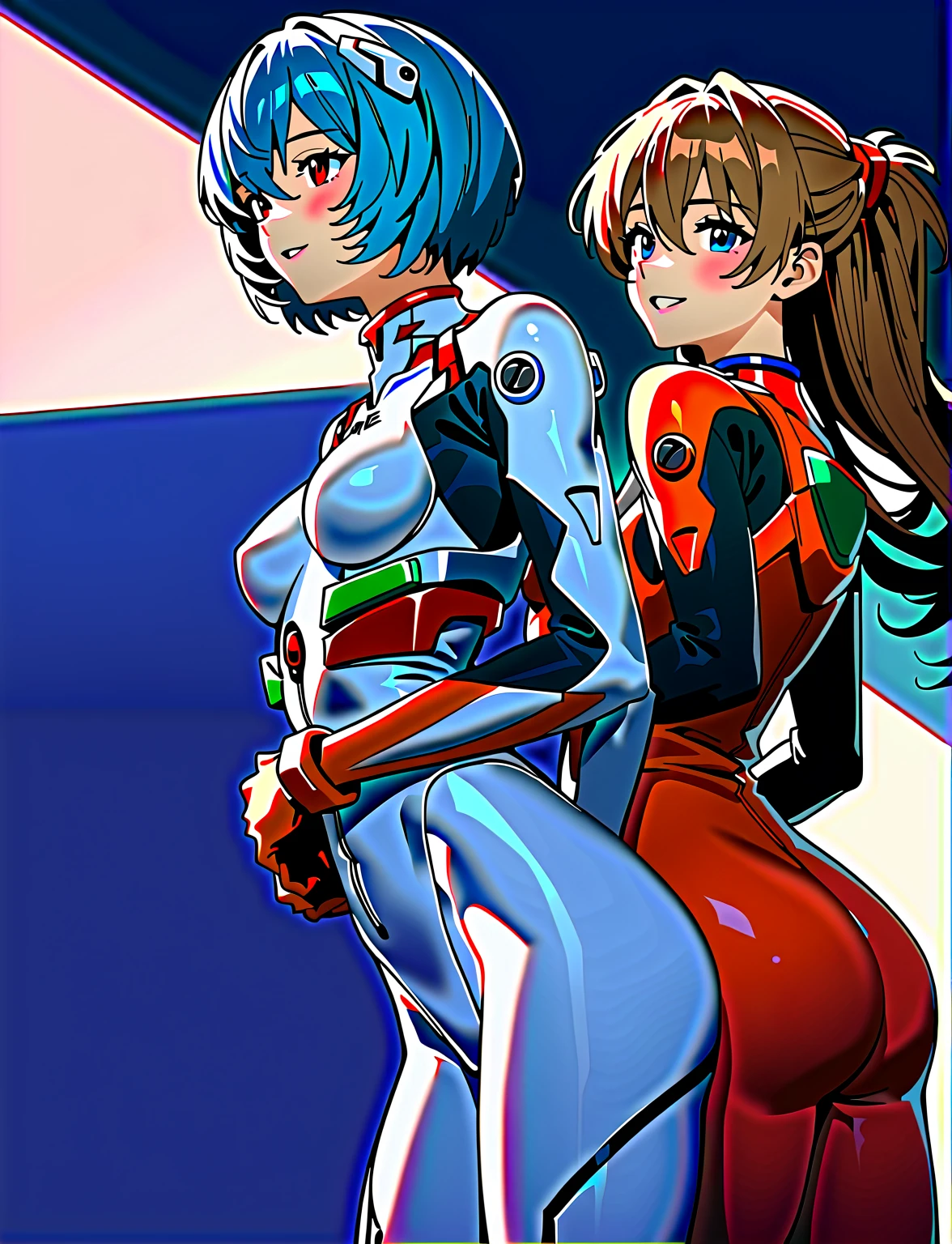 score_9, score_8_up, score_7_up, score_6_up, score_5_up, score_4_up, (source_anime), 2girls, neon genesis evangellion, ((asuka langley soryu, girl, small breasts, {1futa})), (( rei ayanami, small breasts, big ass, Tall stature, giantness)), yuri, Technological place, big size difference, oral sex, tongue, far, full body