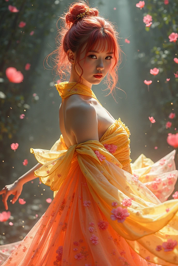 Dazzling carnation petals halation in white red light、I'm dancing while wobbling my hair、Please take a full-body picture of a beautiful Japanese girl wearing a large shirt instead of a dress。costume is based on halation white yellow and lemon yellow, and the base of the {x} costume is embellished with fluorescent light red embroidery that emits red light、The hairstyle is wet short hair and、The hair color is based on light red。Please take a full body picture of a beautiful Japanese girl who looks like she is dancing and、staring at the cameraman while I take off my shirt。creates a sophisticated vibe。It is based on halation white red and red, and、details are sprinkled with halation carnation petals。character, and the base of the、Please create a fantastic atmosphere overall。moreover、 expresses subtlety and strength 。The base of the costume is embroidered with fluorescent pink cherry blossoms that emit light in white、Please finish in a mysterious worldview。Focus on the balance of light、the details are scattered {x} the character has a three-dimensional effect Please be aware of making your presence stand out。