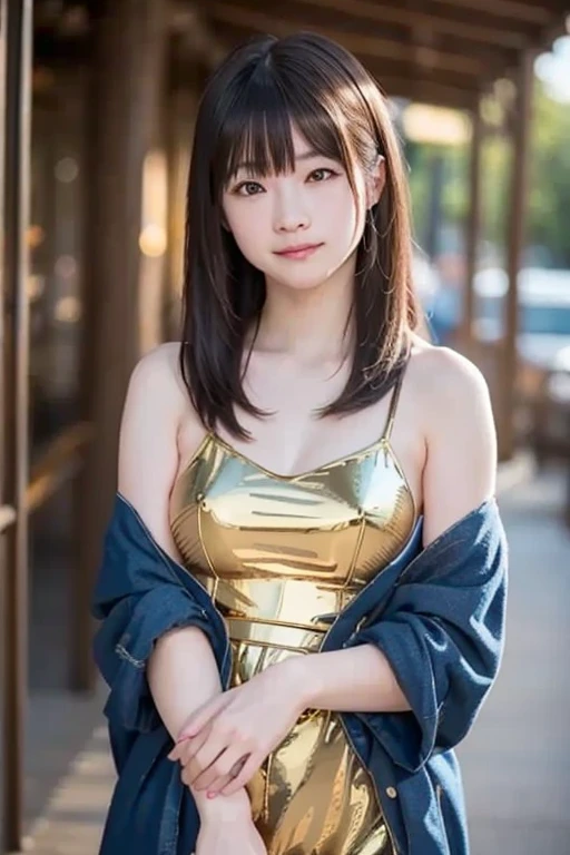 (Highest quality,masterpiece:1.3,Ultra-high resolution),(Very detailed、Caustics) (Realistic:1.4, RAW shooting、)Ultra-Realistic Capture、Very detailed、Natural skin texture、masterpiece、(A Japanese elementary school girl wearing a gold sequined dress:1.3)、Adorable expression、Expressions of happiness、10 years old、height: 140cm、Baby Face、Pure girl、Amazingly cute、Twin tail hairstyle、Curly Hair、ribbon、necklace、Black Hair、Large Breasts、Shining thighs、Shining ass、Shooting on the main street of a tourist spot、Summer early morning、Background details、smile、An inviting gaze、(Anatomically correct)、Cowboy Shot、Attention to detail、