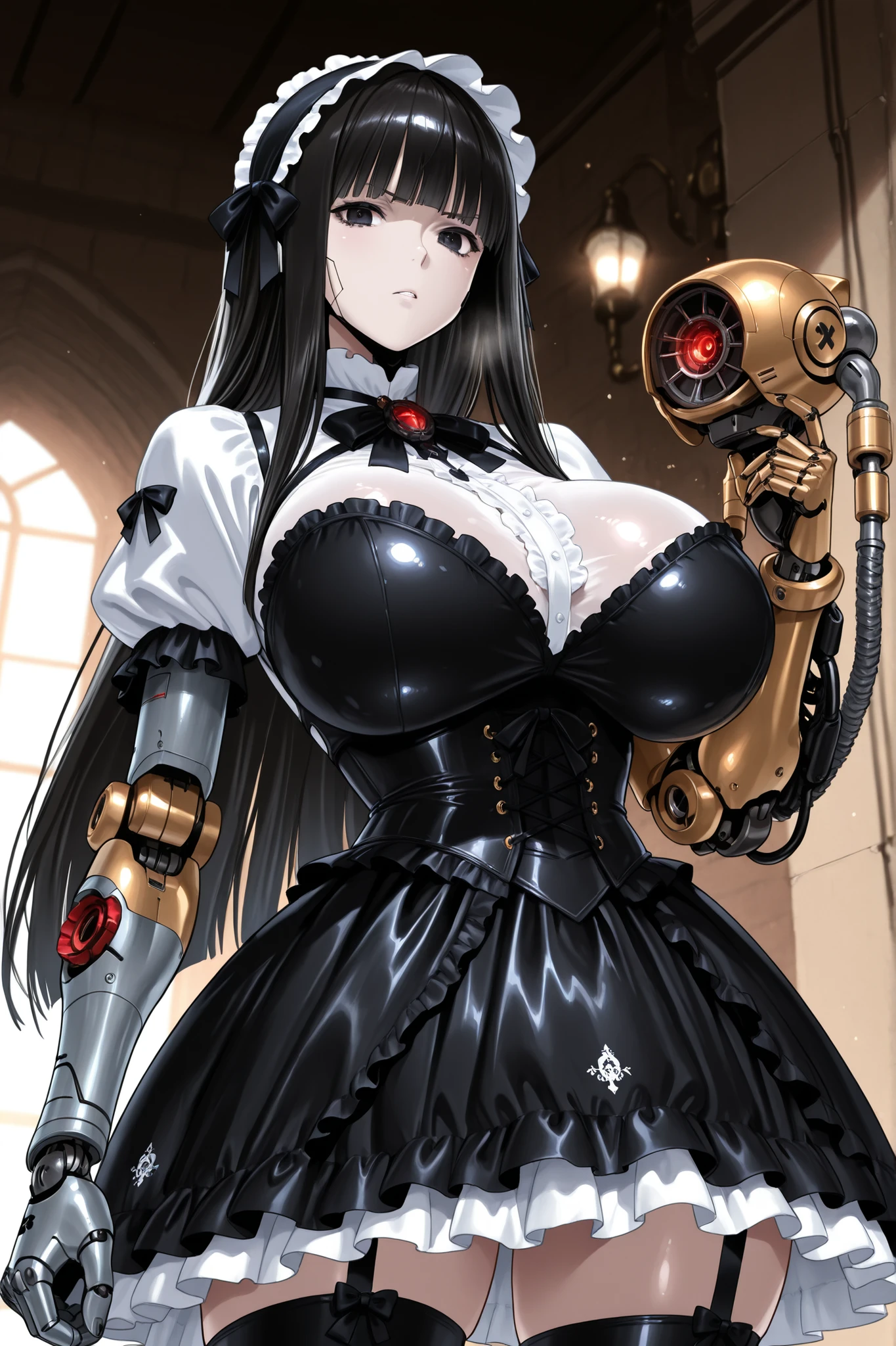 long black hair、Machine corner 、bodysuits、 Gothic ta Dress 、white blouse、black flared skirt、(android , Mechanical Arm , cyborg , robot joints , mechanical parts、Chest armor) 、((extremely big breasts))、anime-style、erotic、sexy、HD、High Quality