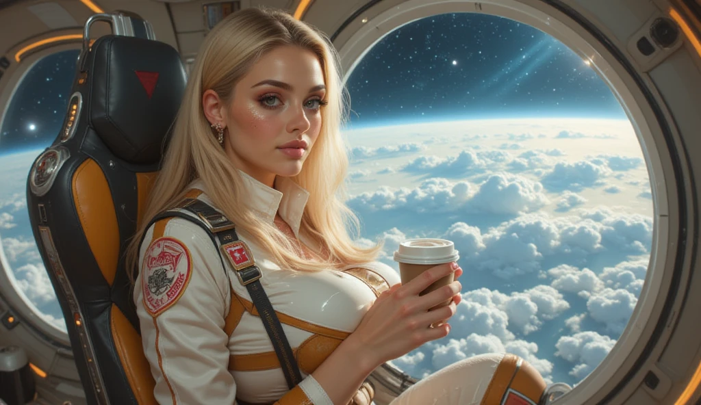 A stunning female space traveler with long flowing platinum blonde hair, delicate freckles, and soft celestial beauty, wearing a glamorous ivory and gold retro-futuristic pilot suit with embroidered mission patches, holding a futuristic designer coffee cup near a panoramic spaceship window with Earth in the background, surrounded by twinkling stars and soft cockpit lighting, relaxed and elegant pose, photorealistic detail with retro sci-fi fashion elements, cinematic space ambience, 8k