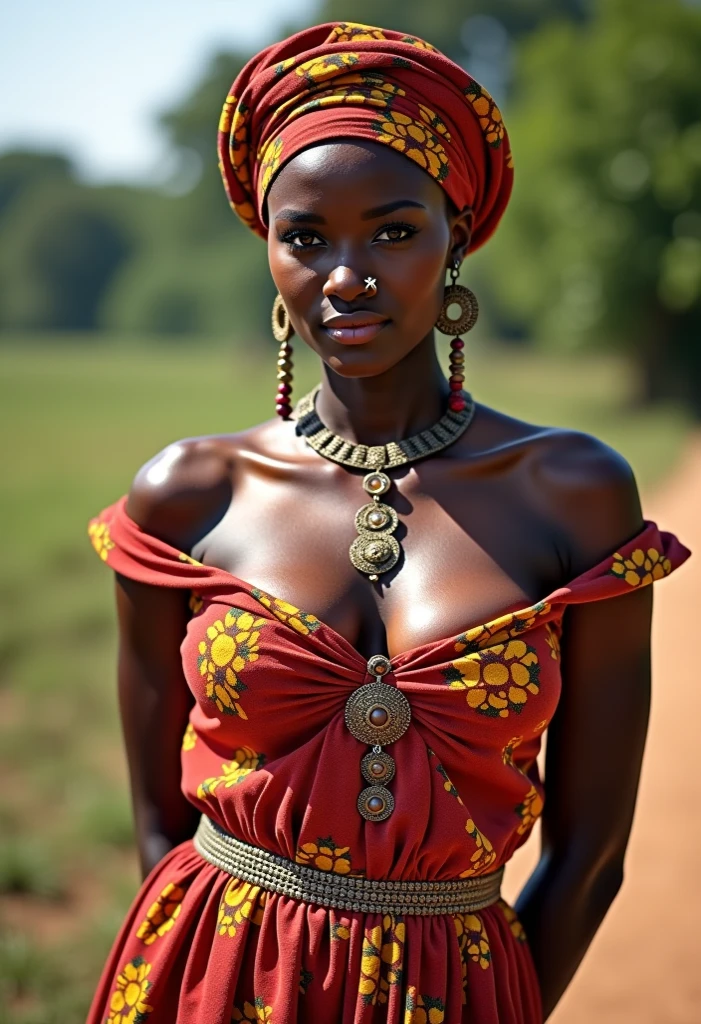 rural Ghanaian woman in traditional dress, sexy cleavage, beautiful, head wrapped in traditional Ghanaian scarf, posing for photo, looking straight at viewer, very big breasts, sexy pose, detailed expression