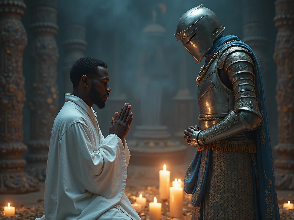 A black man dressed in white kneels in prayer during a giras session, unaware that Ogum stands behind him in spiritual form. Ogum’s silver armor reflects the candlelight, his black face serene and protective. His shield hovers slightly, emitting soft blue light. The blue and gold skirt flows with spiritual energy, cowries glowing faintly — layered scene of faith and protection, spiritual realism, visible and invisible realms merging, 32K cinematic composition.