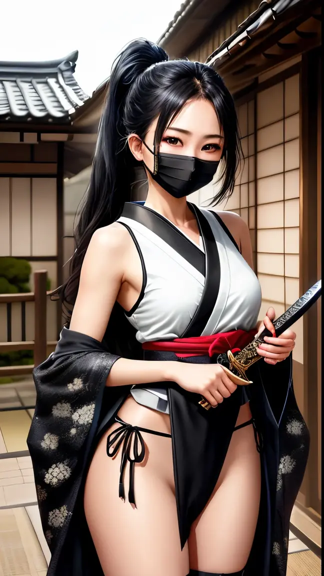 最high quality、high quality、best image quality、8K、最High resolution、High resolution、最high quality、masterpiece、RAW photo、realistic atmosphere、(detailed face)、(fine hands、thumb1reference4)、(beauty of japan )、very nice face、cute face、((beautiful japanese girl))、(japanese woman), ((18 year old beautiful girl))、(glossy black hair)、(straight long hair)、(ponytail)、whole body、slim style、(shiny skin)、(Fair skin, Glossy skin)、real human skin、realistic human body structure、perfect body, perfect face, perfect hands, perfect fingers, perfect lips, perfect eyes,perfect teeth、perfect background, perfect atmosphere, natural soft light、photon mapping、ninja cosplay、kunoichi costume、((girl with sword in hand))、Japanese sword、japanese traditional、(kunoichi kimono)、all ninja、((girl holding a sharp sword))、In front of an old Japanese house、((Transparent black metallic kimono with floral pattern(sleeveless、short、Erotic))、((black string loincloth))、((black mouth mask))、Dynamic pose with swordsmanship in mind