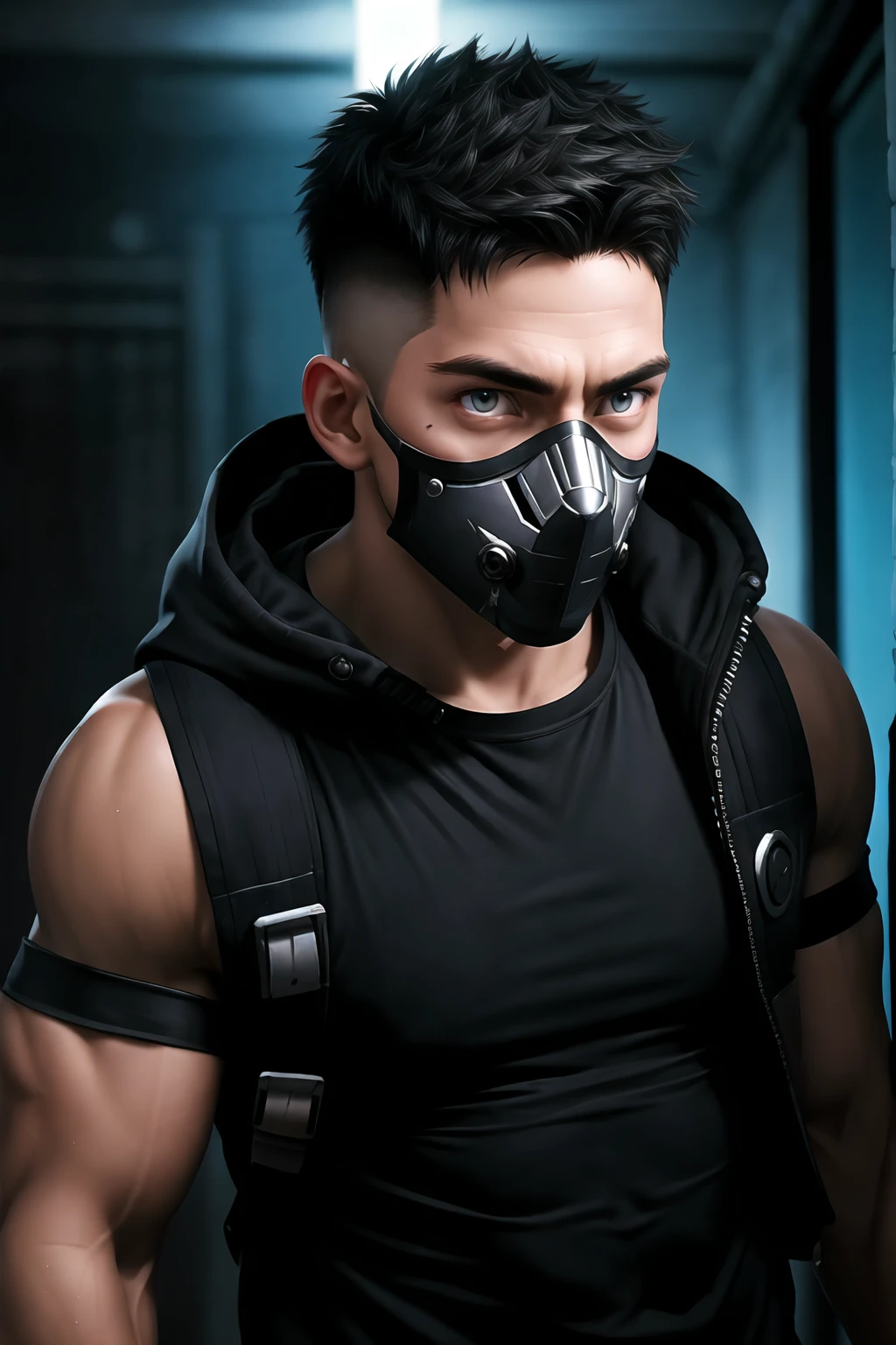 black hood combat uniform male mask near future Upper body
