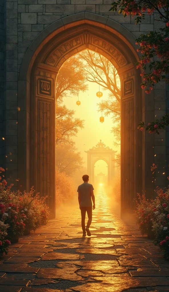 A person standing in front of a massive, closed iron door in a shadowy corridor. They look defeated—until they turn around and notice a hidden path glowing behind them, bathed in golden light. The new path is winding but beautiful, lined with blooming flowers, floating lanterns, and ancient trees reaching toward the sky. Each step forward lights up with golden energy. Doors with the word “NO” crumble into dust behind them as they walk forward. In the distance, a grand, open gate made of light stands at the edge of a glowing horizon, symbolizing destiny and new beginnings.

Emotional expression: realization, hope, determination.
Mood: transformational, uplifting, cinematic.
Visual style: soft light rays, golden highlights, symbolic transitions from dark blues to warm golds and sunrise hues.
Effects: slow motion elements, particles of dust turning into light, mist clearing with each step forward.

