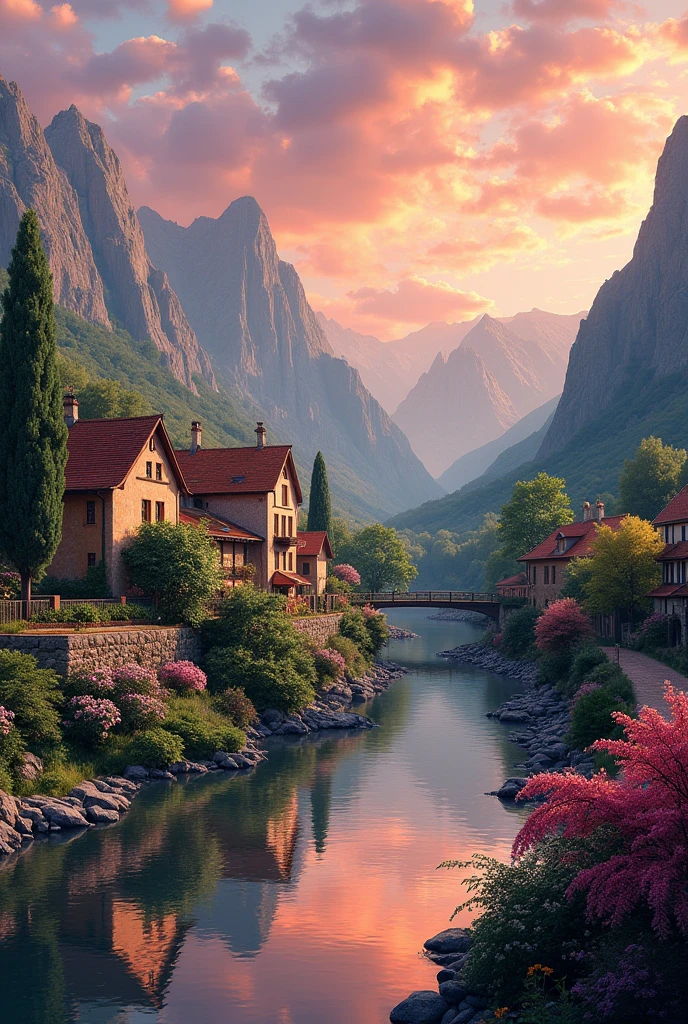 a small village by the river, mountains in the background, floral flowers colorful, detailed landscape, Beautiful natural landscapes, atmospheric lighting, scorching sunset, warm colours, practical, photopractical, Detailed Foliage, complex buildings, cobblestone street, Charming country house, swirly vibrant colors, lush vegetation, Still water reflections, Picturesque, idyllic, work of art, best qualityer, 8k, extremely detaild,anime styling