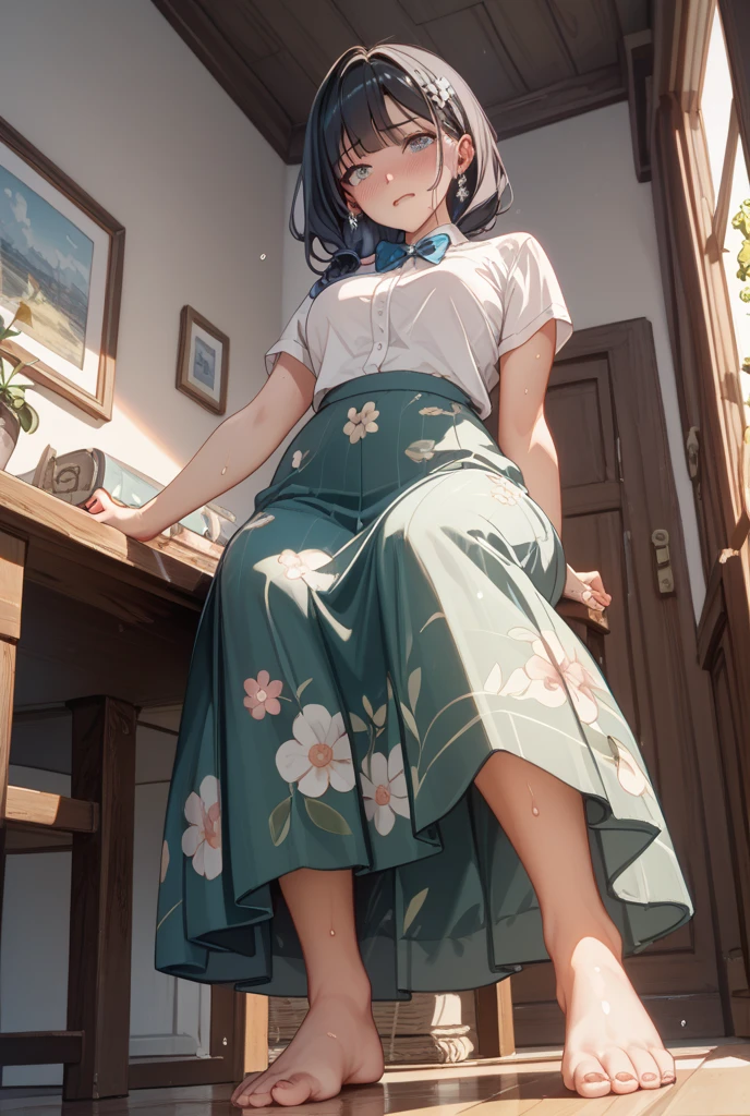 finest, masterpiece, High resolution, (Full body view from head to toe), front, frontやや下からの構図, symmetry, 18 year old tall girl, alone, (whole body from head to toe), (small breasts), Unkempt brown hair, bangs, (black tights), (black pantyhose), (sit with legs spread), (squatting pose), (Composition showing white panties), (her legs spread、I can see white panties.), (I was made to sit on the floor with my legs spread apart.), (M-shaped spread legs), thin legs, A very beautiful and tall 18 year old girl, (not wearing shoes), blush, shy big eyes, looking at camera, blazer uniform, plaid pleated skirt