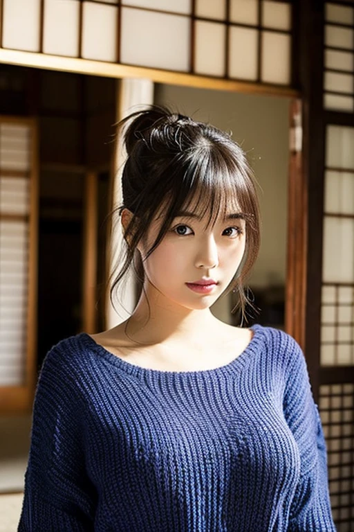 Very young Japanese,Grey turtleneck,Large Breasts,Black Hair,Long Hair,Soft lips,Fine skin,(Glowing Skin),(masterpiece:1.4),(Highest quality:1.4),white background,fullshot,standing posture,from side,side view