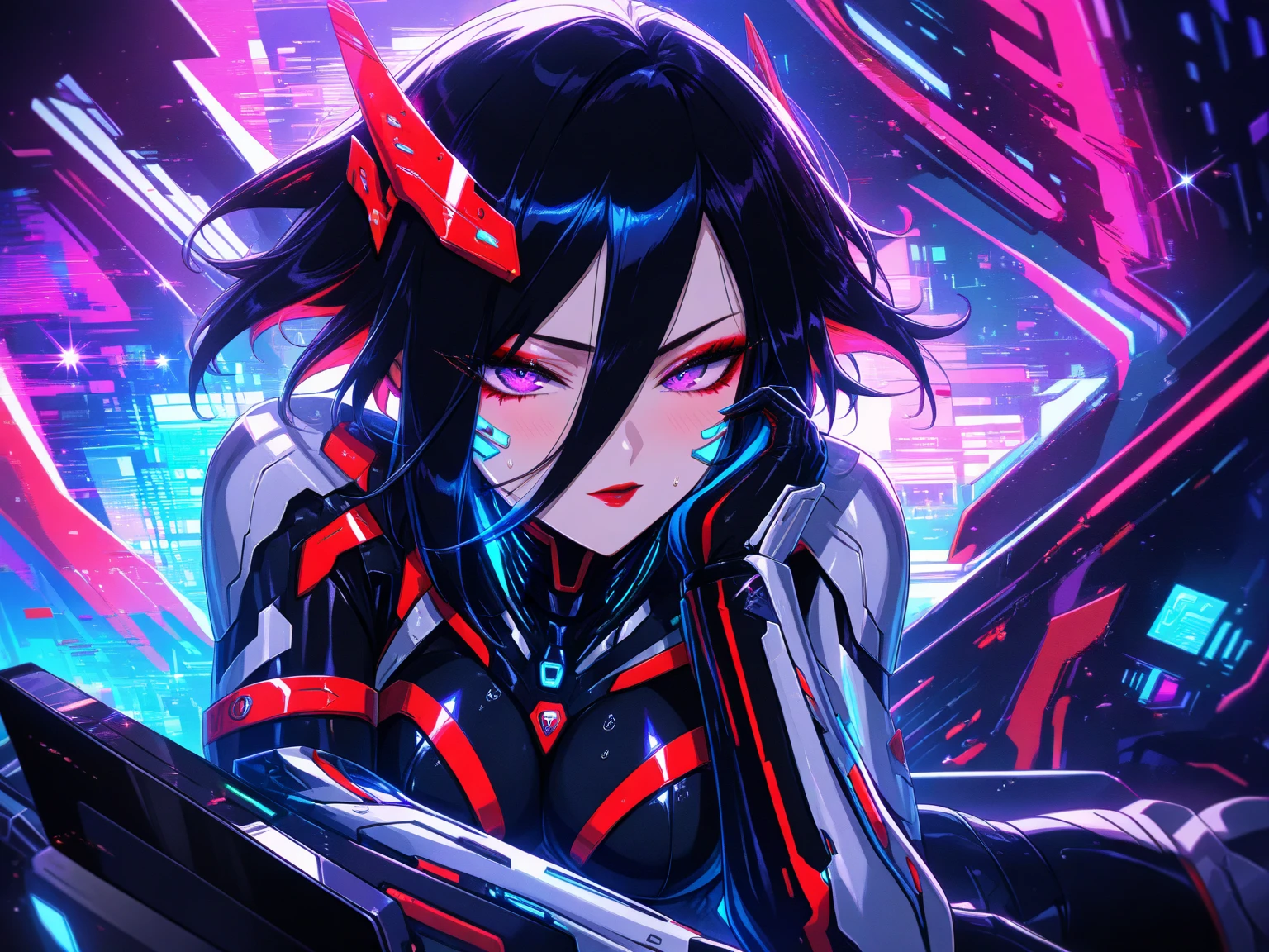 (Glitch art: 1.4, Incredible high resolution, Masterpiece, Top quality, Highly detailed, CG, High quality animation), Woman on a monitor screen, Glowing green, Digital glitch all over the body: 1.4, Glitch noise: 1.4, Glitch: 1.4, List of numbers floating behind, Monitor, Through the screen,
 BREAK (Cyber ​​villain costume, Design combines futuristic and demonic elements, Futuristic exoskeleton, Cyber ​​goggles, Electronic lights and LEDs built into the whole costume create a strong cyberpunk feel), (Black hair, Hair between eyes, Purple eyes, Half-open slanted eyes, Red lips, Villainous makeup with dark lipstick and eyeshadow, Blushing cheeks, Very beautiful and detailed face, Sweat)