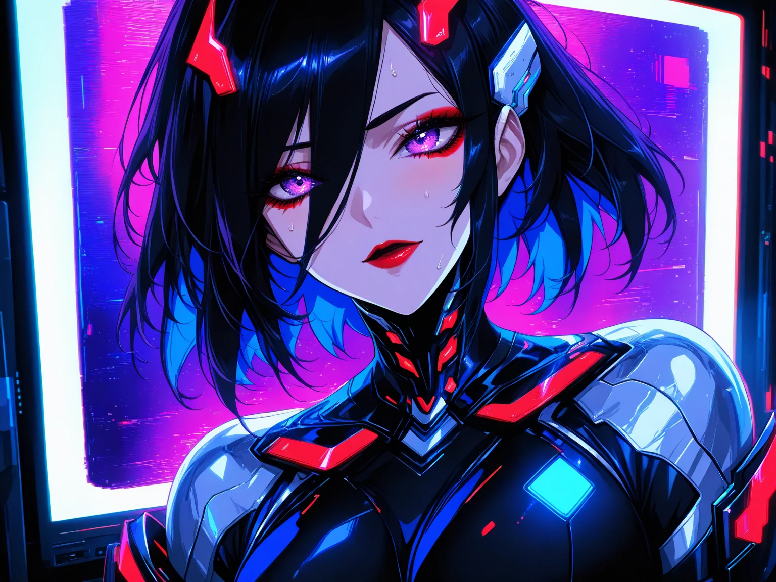 (Glitch art: 1.4, Incredible high resolution, Masterpiece, Top quality, Highly detailed, CG, High quality animation), Woman on a monitor screen, Glowing green, Digital glitch all over the body: 1.4, Glitch noise: 1.4, Glitch: 1.4, List of numbers floating behind, Monitor, Through the screen,
 BREAK (Cyber ​​villain costume, Design combines futuristic and demonic elements, Futuristic exoskeleton, Cyber ​​goggles, Electronic lights and LEDs built into the whole costume create a strong cyberpunk feel), (Black hair, Hair between eyes, Purple eyes, Half-open slanted eyes, Red lips, Villainous makeup with dark lipstick and eyeshadow, Blushing cheeks, Very beautiful and detailed face, Sweat)