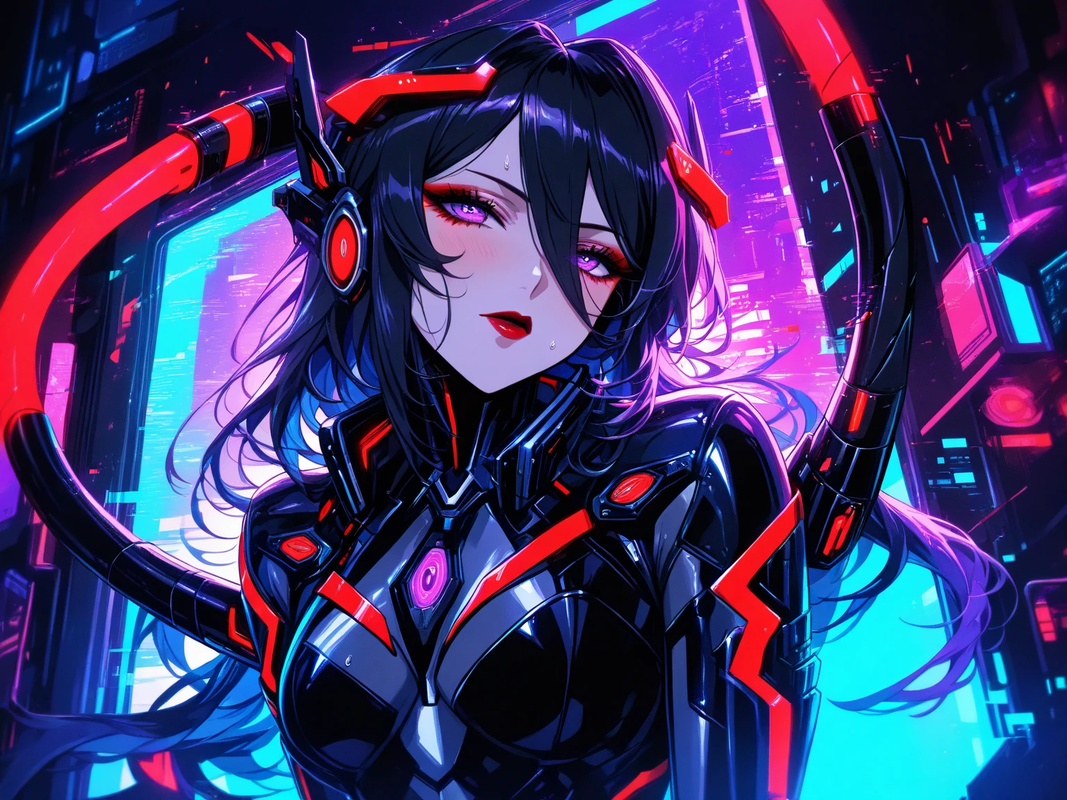 (Glitch art: 1.4, Incredible high resolution, Masterpiece, Top quality, Highly detailed, CG, High quality animation), Woman on a monitor screen, Glowing green, Digital glitch all over the body: 1.4, Glitch noise: 1.4, Glitch: 1.4, List of numbers floating behind, Monitor, Through the screen,
 BREAK (Cyber ​​villain costume, Design combines futuristic and demonic elements, Futuristic exoskeleton, Cyber ​​goggles, Electronic lights and LEDs built into the whole costume create a strong cyberpunk feel), (Black hair, Hair between eyes, Purple eyes, Half-open slanted eyes, Red lips, Villainous makeup with dark lipstick and eyeshadow, Blushing cheeks, Very beautiful and detailed face, Sweat)