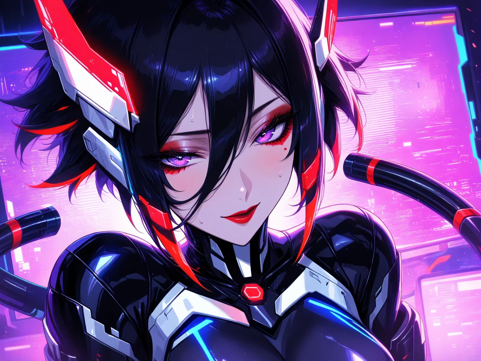 (Glitch art: 1.4, Incredible high resolution, Masterpiece, Top quality, Highly detailed, CG, High quality animation), Woman on a monitor screen, Glowing green, Digital glitch all over the body: 1.4, Glitch noise: 1.4, Glitch: 1.4, List of numbers floating behind, Monitor, Through the screen,
 BREAK (Cyber ​​villain costume, Design combines futuristic and demonic elements, Futuristic exoskeleton, Cyber ​​goggles, Electronic lights and LEDs built into the whole costume create a strong cyberpunk feel), (Black hair, Hair between eyes, Purple eyes, Half-open slanted eyes, Red lips, Villainous makeup with dark lipstick and eyeshadow, Blushing cheeks, Very beautiful and detailed face, Sweat)