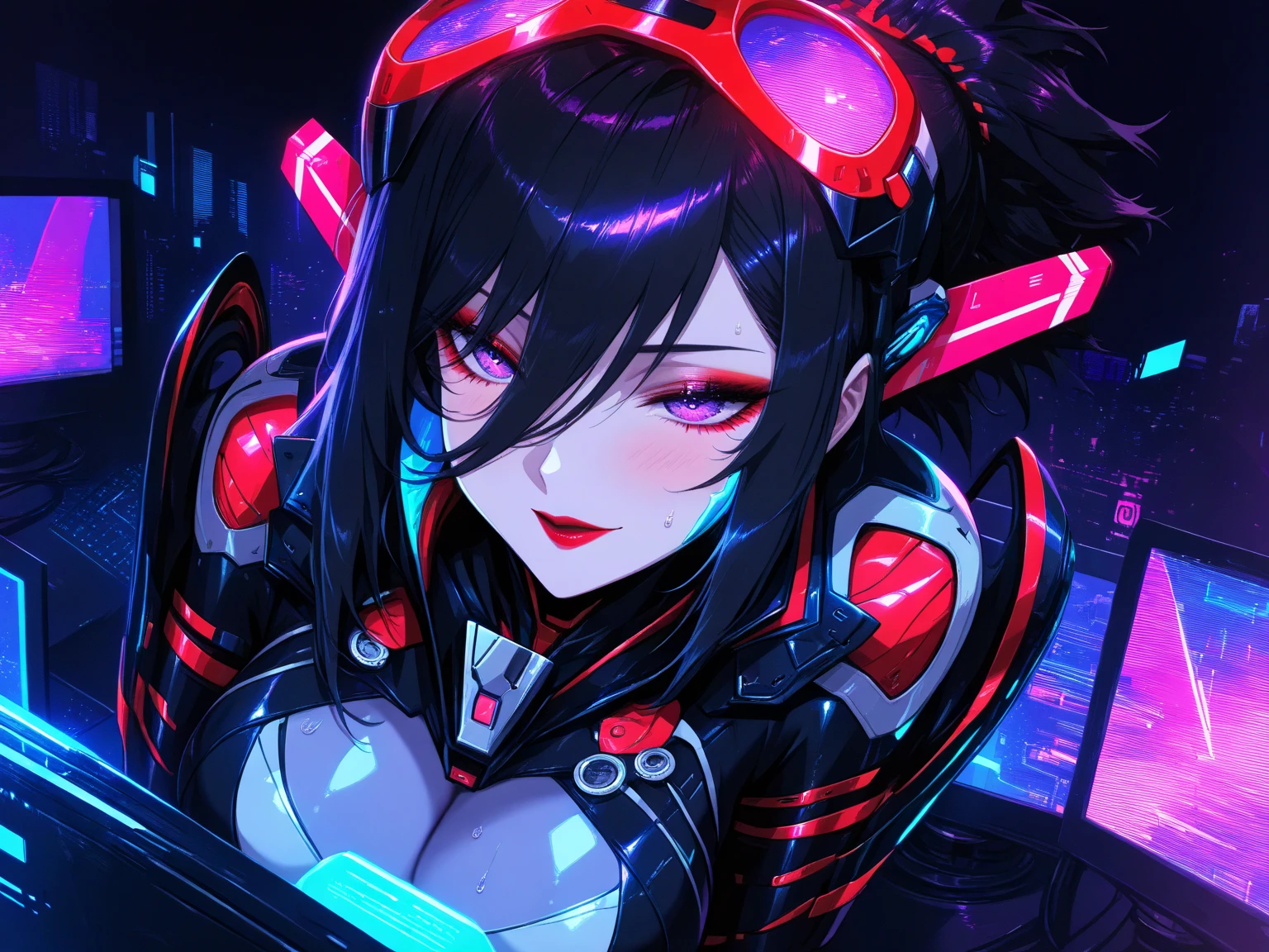 (Glitch art: 1.4, Incredible high resolution, Masterpiece, Top quality, Highly detailed, CG, High quality animation), Woman on a monitor screen, Glowing green, Digital glitch all over the body: 1.4, Glitch noise: 1.4, Glitch: 1.4, List of numbers floating behind, Monitor, Through the screen,
 BREAK (Cyber ​​villain costume, Design combines futuristic and demonic elements, Futuristic exoskeleton, Cyber ​​goggles, Electronic lights and LEDs built into the whole costume create a strong cyberpunk feel), (Black hair, Hair between eyes, Purple eyes, Half-open slanted eyes, Red lips, Villainous makeup with dark lipstick and eyeshadow, Blushing cheeks, Very beautiful and detailed face, Sweat)