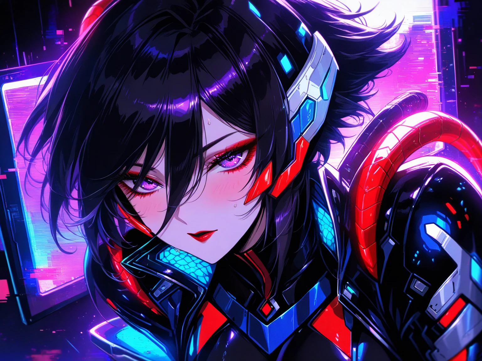 (Glitch art: 1.4, Incredible high resolution, Masterpiece, Top quality, Highly detailed, CG, High quality animation), Woman on a monitor screen, Glowing green, Digital glitch all over the body: 1.4, Glitch noise: 1.4, Glitch: 1.4, List of numbers floating behind, Monitor, Through the screen,
 BREAK (Cyber ​​villain costume, Design combines futuristic and demonic elements, Futuristic exoskeleton, Cyber ​​goggles, Electronic lights and LEDs built into the whole costume create a strong cyberpunk feel), (Black hair, Hair between eyes, Purple eyes, Half-open slanted eyes, Red lips, Villainous makeup with dark lipstick and eyeshadow, Blushing cheeks, Very beautiful and detailed face, Sweat)