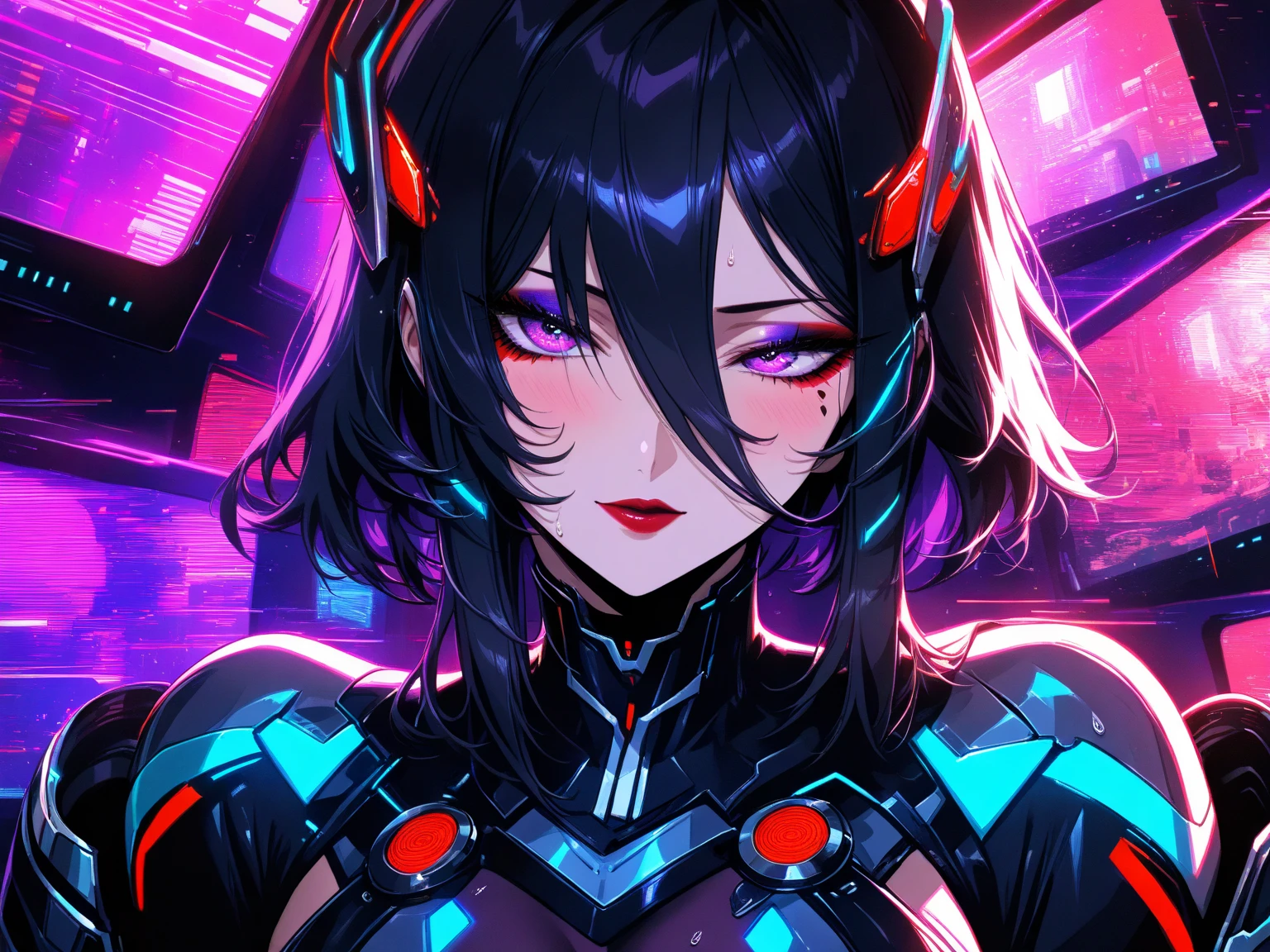 Medium shot photo of a sexy female cyborg in damaged and discoloured futuristic armour in a destroyed future city, fantasy, sci-fi, beautiful female face, seductive, sexual, hazy, shallow depth of field, cinematic lighting, blooming, light shining, chromatic aberration,