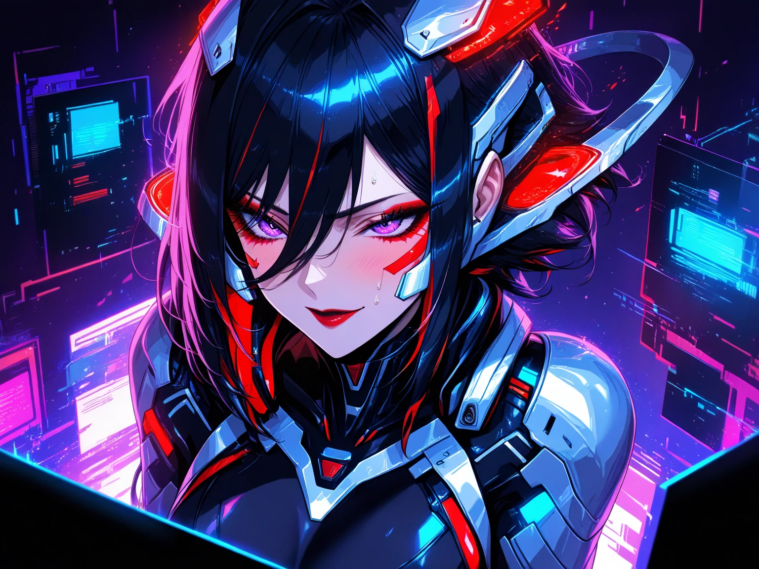 (Glitch art: 1.4, Incredible high resolution, Masterpiece, Top quality, Highly detailed, CG, High quality animation), Woman on a monitor screen, Glowing green, Digital glitch all over the body: 1.4, Glitch noise: 1.4, Glitch: 1.4, List of numbers floating behind, Monitor, Through the screen,
 BREAK (Cyber ​​villain costume, Design combines futuristic and demonic elements, Futuristic exoskeleton, Cyber ​​goggles, Electronic lights and LEDs built into the whole costume create a strong cyberpunk feel), (Black hair, Hair between eyes, Purple eyes, Half-open slanted eyes, Red lips, Villainous makeup with dark lipstick and eyeshadow, Blushing cheeks, Very beautiful and detailed face, Sweat)