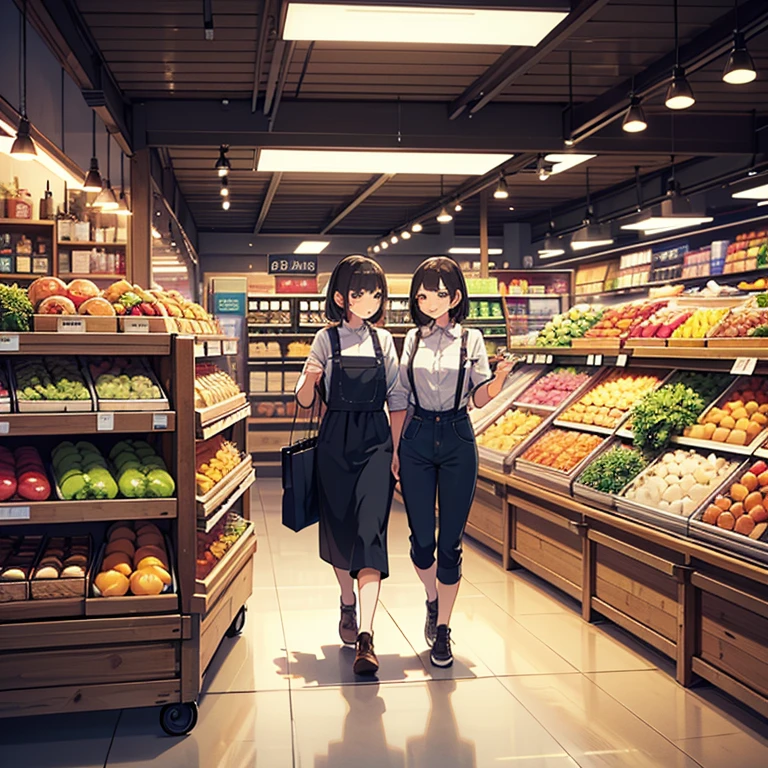 in a supermarket、Cafe interior with lots of details々Product 、Shoppers walking through the store while pushing a cart、Display showing a cash register screen、4K HIGH DEFINITION、photo-like realism、Studio shot by a professional photographer、Realistic texture rich in detail、Vivid colors of fresh food、Overall bright and clean atmosphere