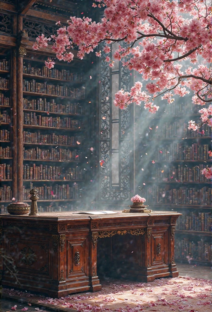    View of a Japanese library with numerous antique books and a Japanese desk,snowy pink cherry blossoms, black and dark background