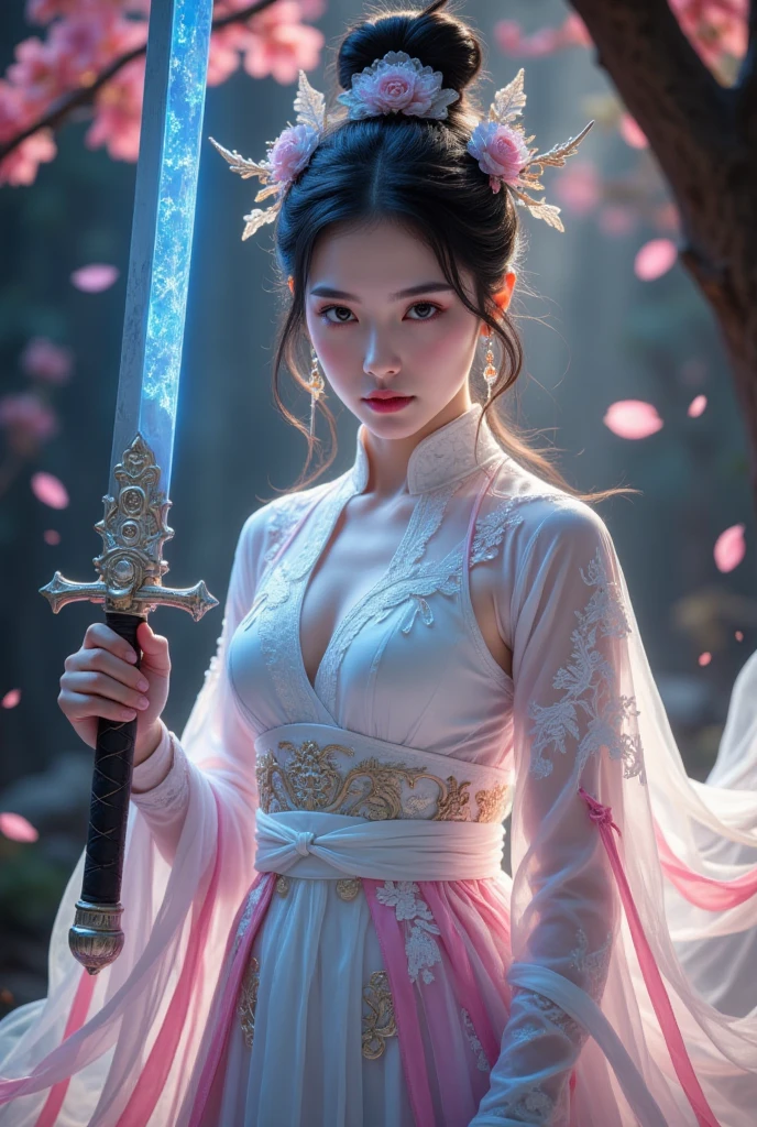18 y.o beautiful girl and monster,transparent hanfu,masterpiece,best quality,eyes close-up,from_above,best fingers,facing viewer,magnificent,celestial,ethereal,painterly,epic,majestic,magical,fantasy art,cover art,dreamy,elegant,cinematic,background illuminated,rich deep colors,ambient dramatic atmosphere,creative,perfect,beautiful composition,intricate,detailed,
ink and wash,soft backlight,traditional chinese characters,magazine cover,pink long upper shan,heavy rain,exaggerated dynamic posture,wet clothes,glaring,angry,wet_hair,(wet body:1.3),(take the sword:1.4),battle posture,cleavage,