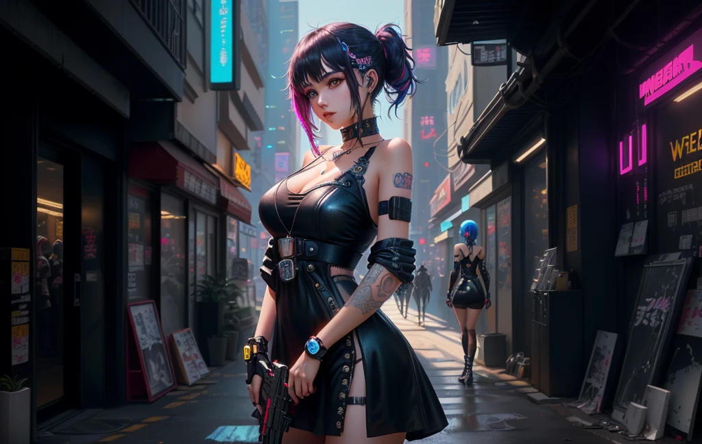 at night, some buildings in the united states, bars, purple phosphorescent lights, and a single woman with black hair and blue eyes, small nose,super pretty in a short strapless black leather dress, and some black leather boots, and two katanas on his back, head on, brillitos