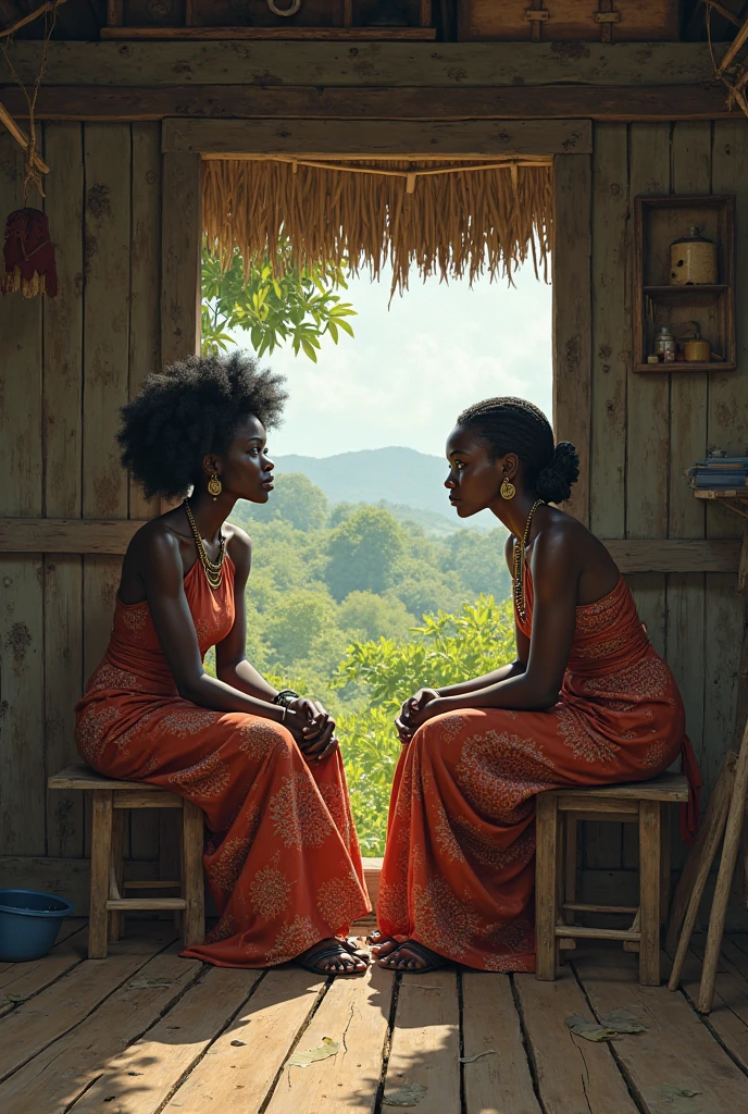 deux femmes noirs rivales triste dans une cabane d'un village