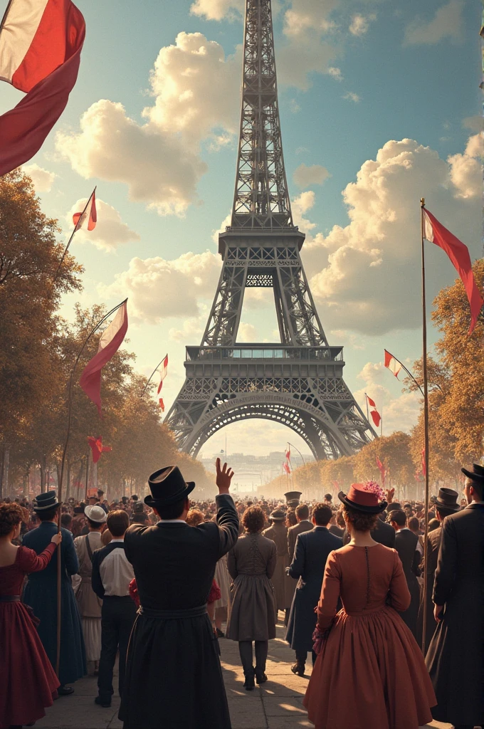 A large 1889 Paris crowd looking up at the completed Eiffel Tower in amazement, people wearing vintage outfits, celebratory mood, flags waving."