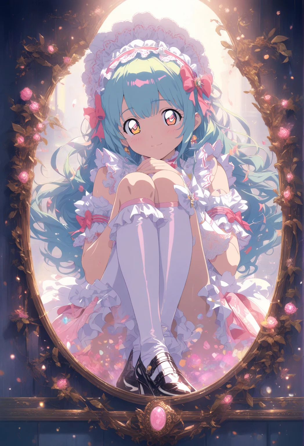 Anime-style image of a girl in a pink dress and cat ears, Very Beautiful Anime Cat Girl, Anime Barbie in White Stockings, Anime cat girl in maid clothes, Very beautiful cute cat girl, Pink pigtails and cyan eyes, Beautiful anime cat girl, , white and pink cloth, Anime girl crouching