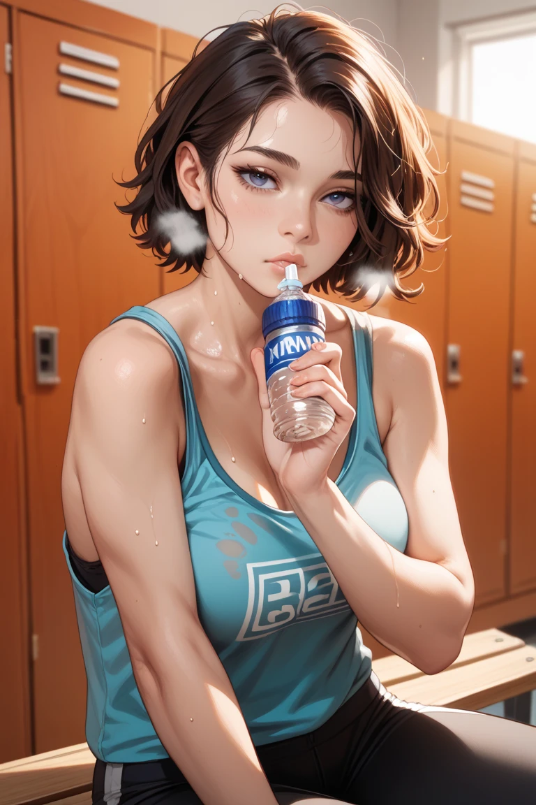 cute 28 year old female trainer sitting on a bench post-workout, wiping her mouth with the back of her hand after sipping from a water bottle, lips slightly moist and parted, soft breath visible, light sweat on neck and collarbone, gentle expression with tired but satisfied eyes, loose tank top slightly sticking to her skin, short messy hair or tied bob, background includes gym lockers or benches, realistic style, high detail, not pornographic, not showing ????????, not blurry, not deformed, not extra limbs
