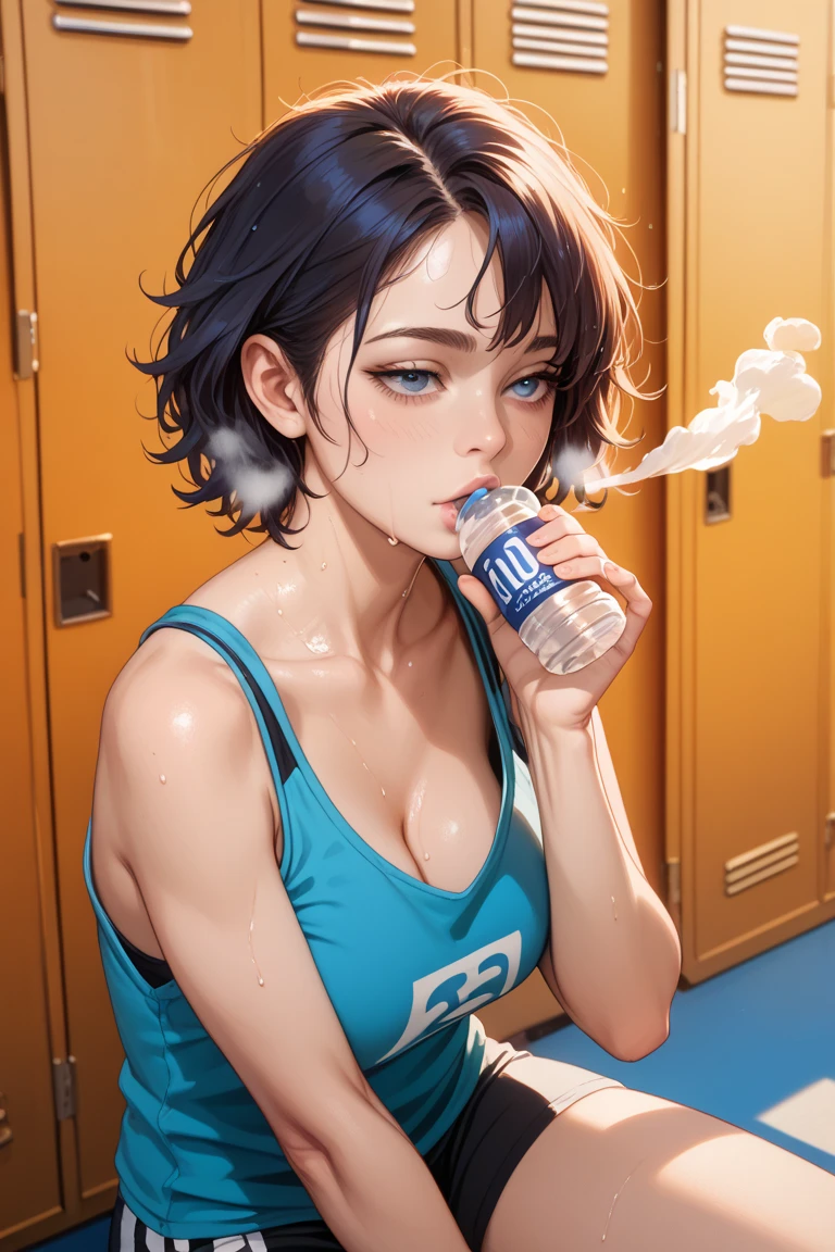 (((masterpiece))), ShizukaMikazuki, 1girl, solo, looking at viewer, short hair, black hair, navel, holding, cleavage, medium breasts, purple eyes, jacket, open clothes, midriff, hood, open jacket, hoodie, bottle, blue jacket, hooded jacket, hood up, sports bra, drinking, water bottle, multicolored jacket,