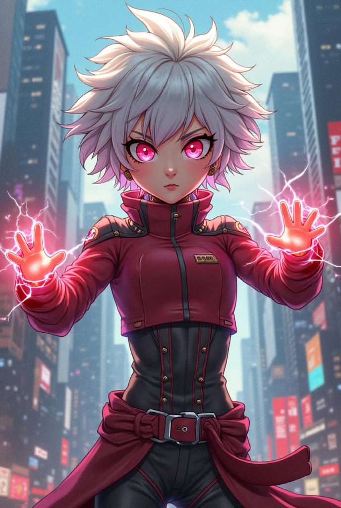 girl in the style of my hero academia, with white short curly hair, and red eyes