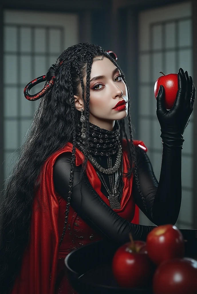 ((Foto RAW), absurdo, (absurd resolution)), obra-prima, Best Quality, (Extremely detailed 8k unit CG wallpaper), (best illustration), (best shade), realistic lighting, fin ears, ((21 anos)), garota, long black hair, Queen Black, accessories, Apple in hand, poisoned apples,  witch queen, red lipstick background, (((Her photographic perspective)))