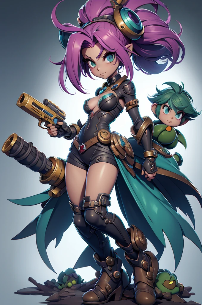 Rayman Legends style tree, character estilo art rayman legends, girl, fully body, STYLE mercenary with futuristic doom style weapons, Giant Accessories,Giant Monster, big breats,Little bunny,big breast, sensuality, elfo, mascot next door,doom style weapons,((doom armor))