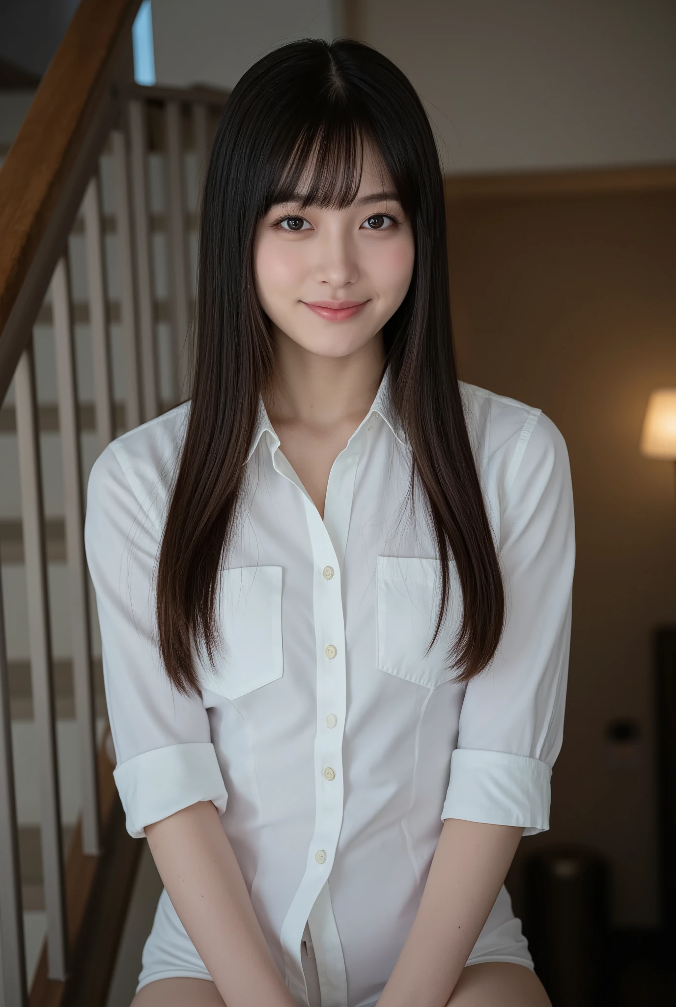 (mature adult woman wearing a leotard1By people),beautiful black hair,With bangs,(((super straight hair))),((long hair)), realistic person images in dark waters,Realism,best quality,mastepeice,top quality,Max Video Quality,highest resolution,FINE DETAILS,Beautiful detailed face,black eyes,((realistic skin)),detailed background,( Exact Upper Body),(perfect upper body),(upper body),((Realismのある肌)),(smiles),((((super big )))),((((She is wearing a white shirt and is wearing)))),(((((is sitting on the stairs in a typical house))),((((Large breasts))),(((((that looks at me close to))))),(((((interior))))),(((((is sitting on the stairs in a typical house))))),(((large size breasts))),(((((Inside the house))))),((((highlight your upper body near the cherry blossom tree)))),
