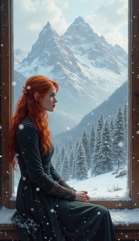 Frau,  28 years old, With long strong red hair sitting on a window sill and looking outside.  outside it snows . Distant view of mountains and forest. 
