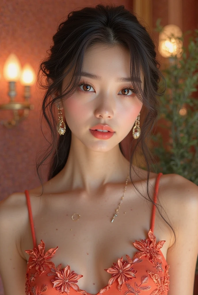 （lifelike， high - resolution：1.3）， 1 girl with a perfect body， intricate face details and super fine ，slong hair，：1.2， wearing a fancy red dress ， big boob，Expose cleavage