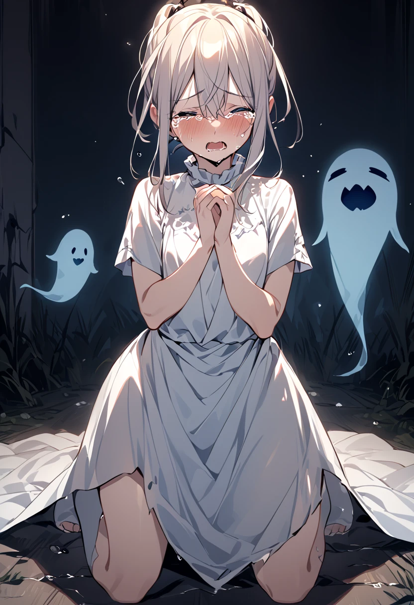 ghost、darkness、Dimly lit room、真夜中の古いghost屋敷の中で、Japanese style、kimono、ruins、Girl、Girl、Short、Younger、Lower school year、Baby Face、Both eyes open、Pale skin、Nipples、flat chest、Dynamic Angle、Glaring、Creepy、scared、suspicious、suspicious、Ghost、My clothes are torn、Half naked、The body is slightly transparent、My legs are disappearing、I feel lifeless、Dead、Ghost、Panties、Injured