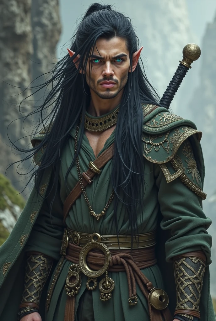 A blind Indonesian warrior with long, flowing hair Covers his eyes with a shaggy dark green cloth tied Wears worn clothes with the texture of dragon scales Holding a wooden stick Standing in front of the mouth of the cave A monkey on his shoulder Dark fog covers the cave's surroundings Cinematic lighting 4D ultra detail Superhyper high quality Highlights The camera is far away so you can see the whole body